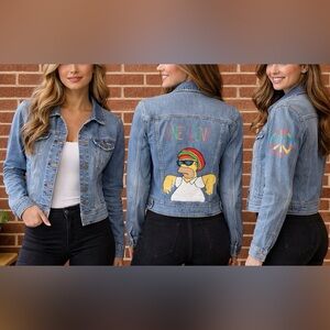 -Jamaican Homer Simpson One Love American Eagle Hand Painted Trucker Jacket Med